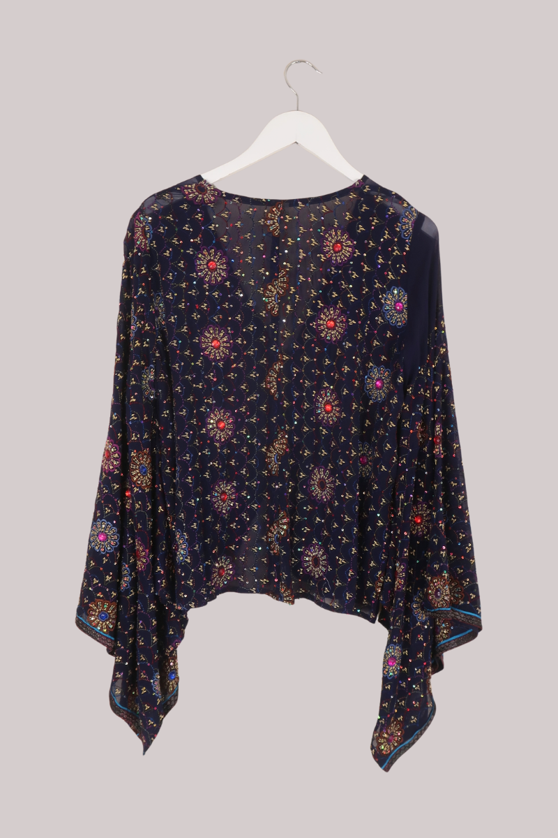 Cassidy Vintage Sheer Beaded Sari Blouse in Midnight Blue Treasure