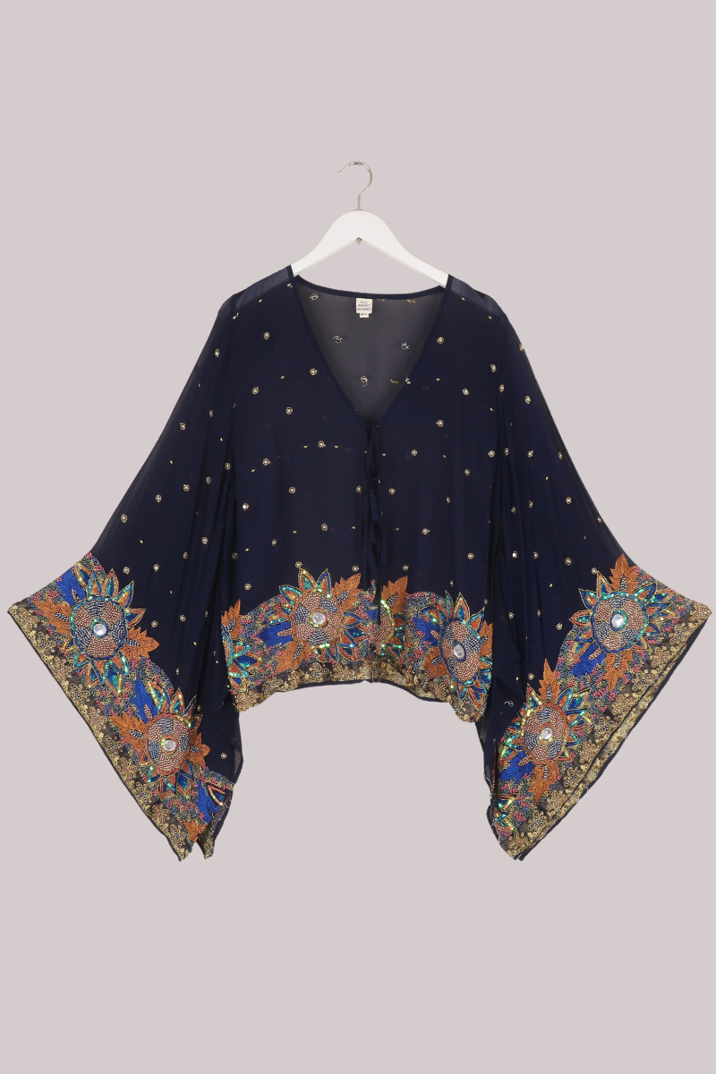 Cassidy Vintage Sheer Beaded Sari Blouse in Midnight Sunflowers