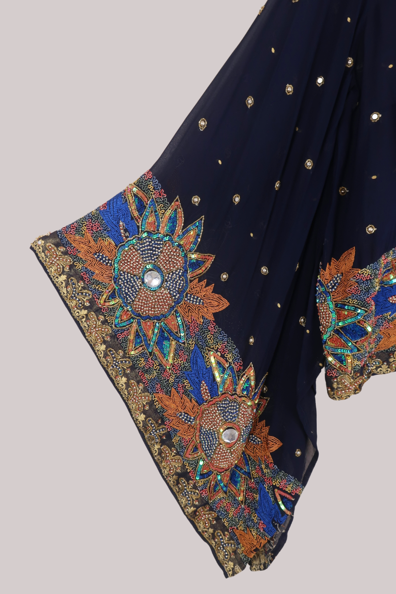 Cassidy Vintage Sheer Beaded Sari Blouse in Midnight Sunflowers