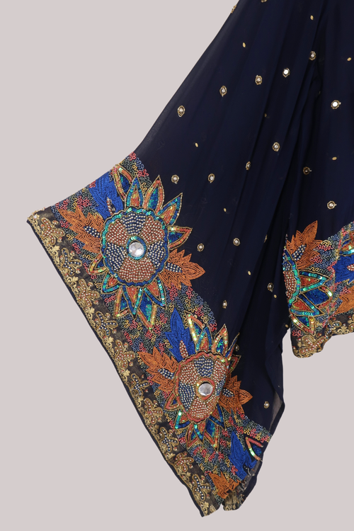 Cassidy Vintage Sheer Beaded Sari Blouse in Midnight Sunflowers