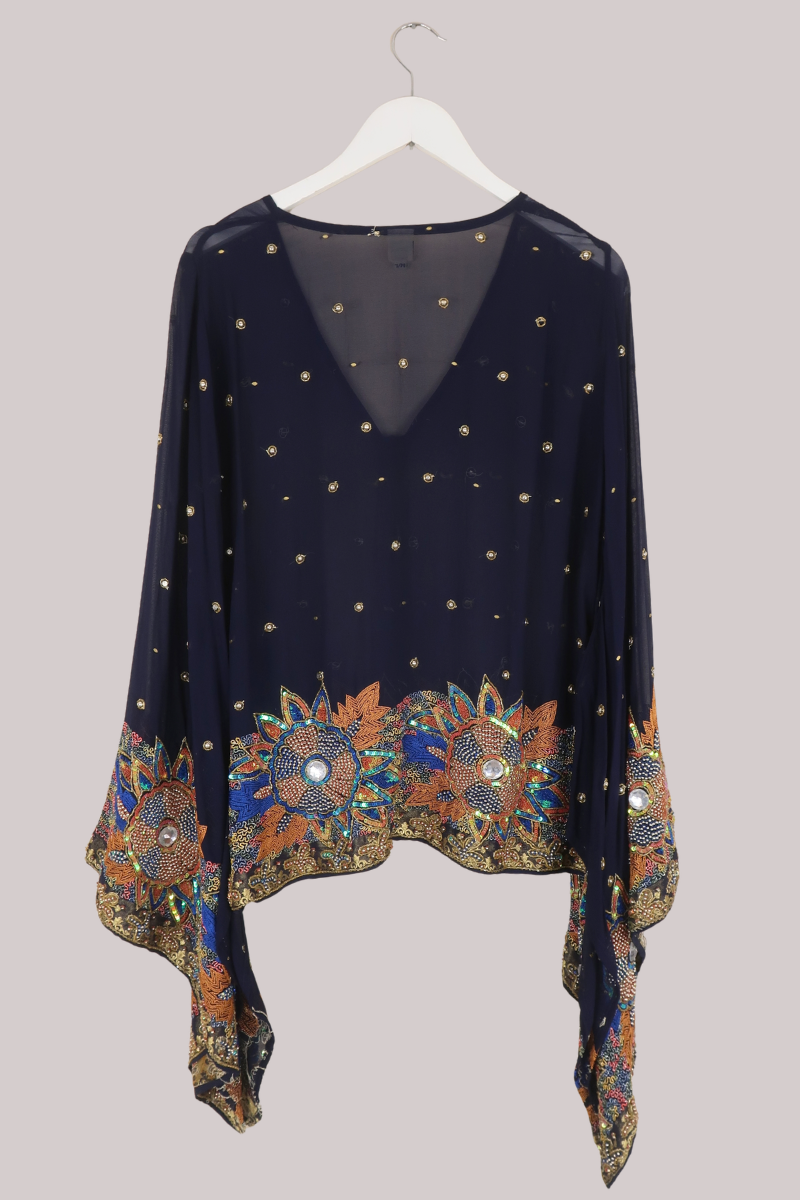 Cassidy Vintage Sheer Beaded Sari Blouse in Midnight Sunflowers