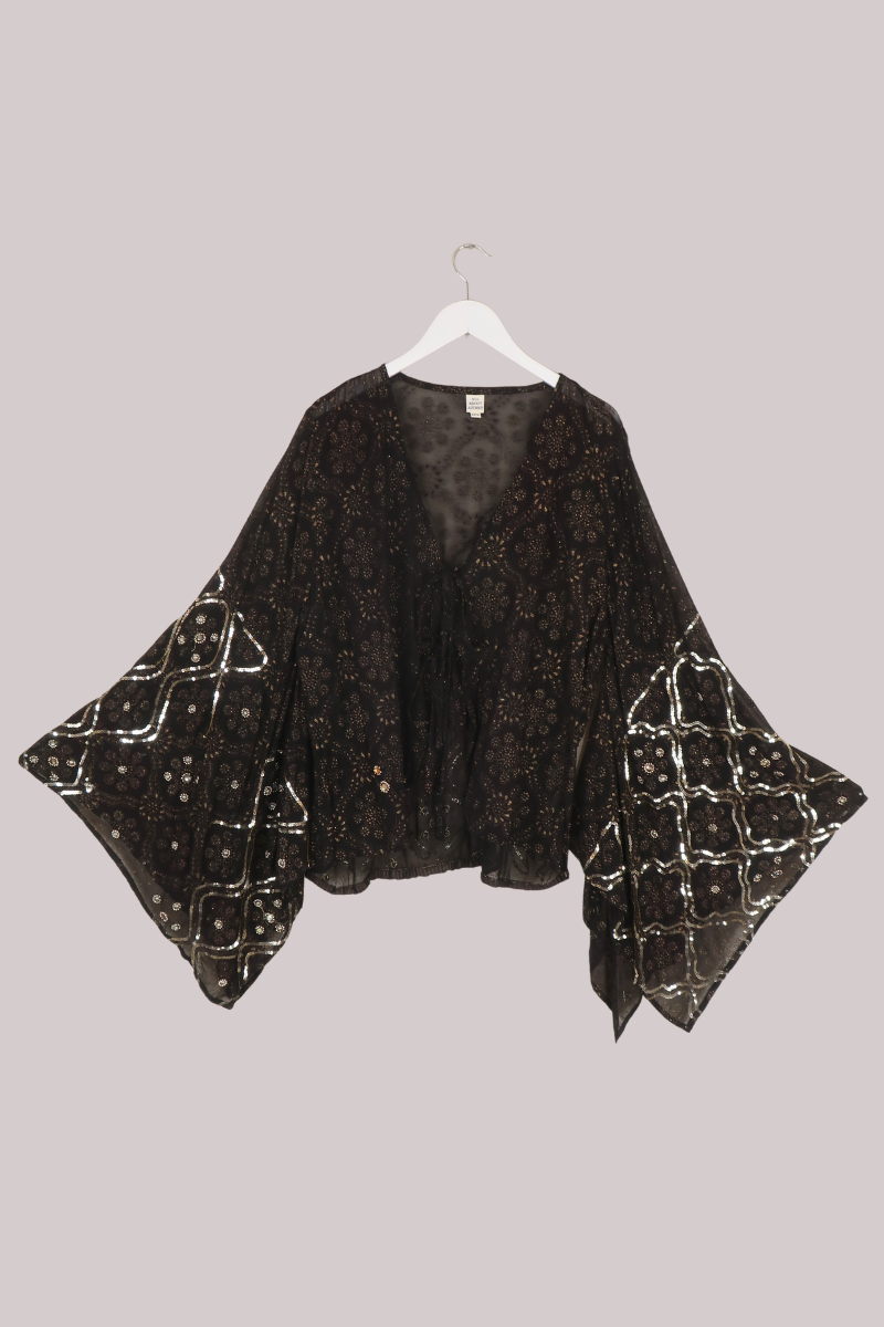 Cassidy Vintage Sheer Beaded Sari Blouse in Opulent Black & Gold