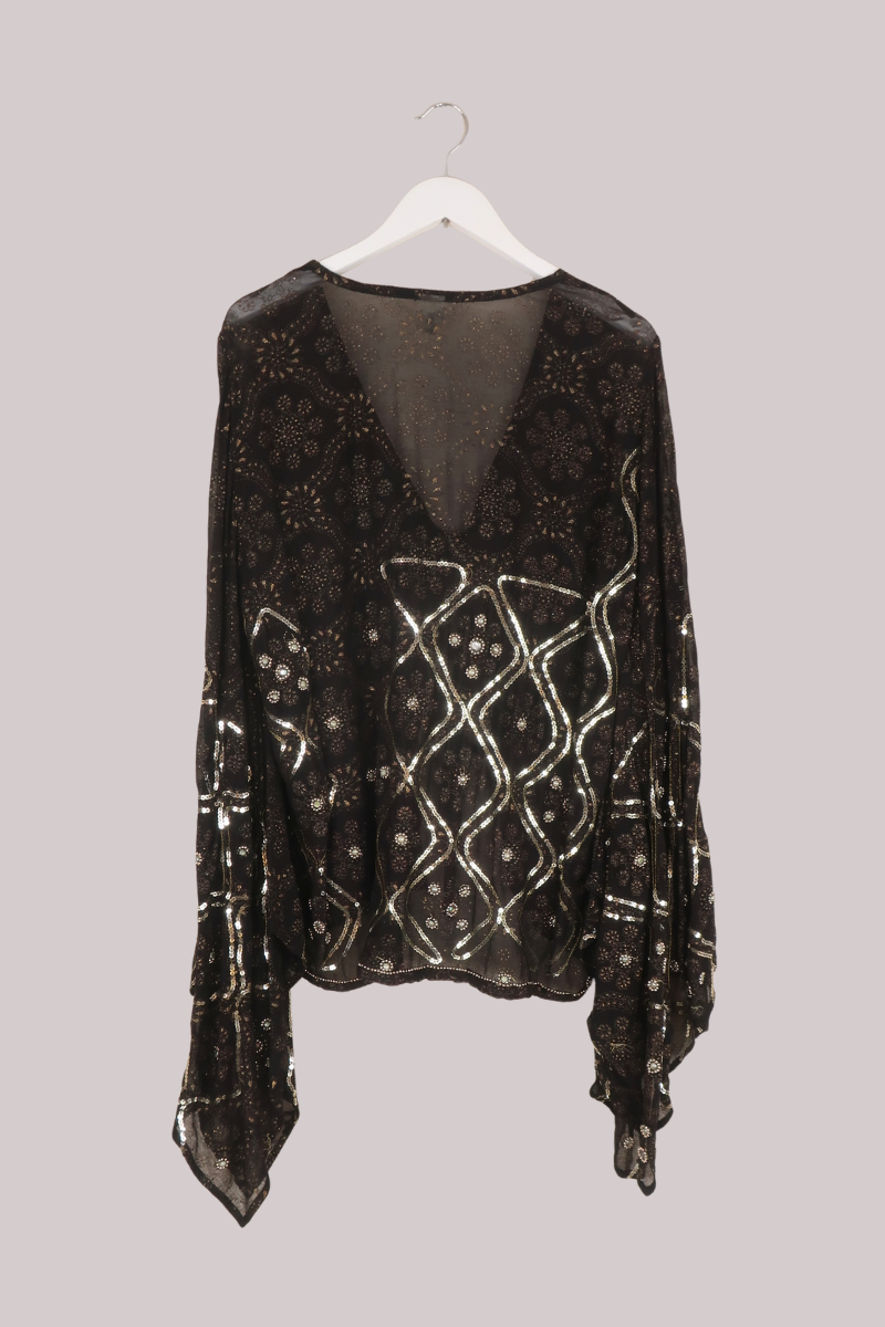 Cassidy Vintage Sheer Beaded Sari Blouse in Opulent Black & Gold