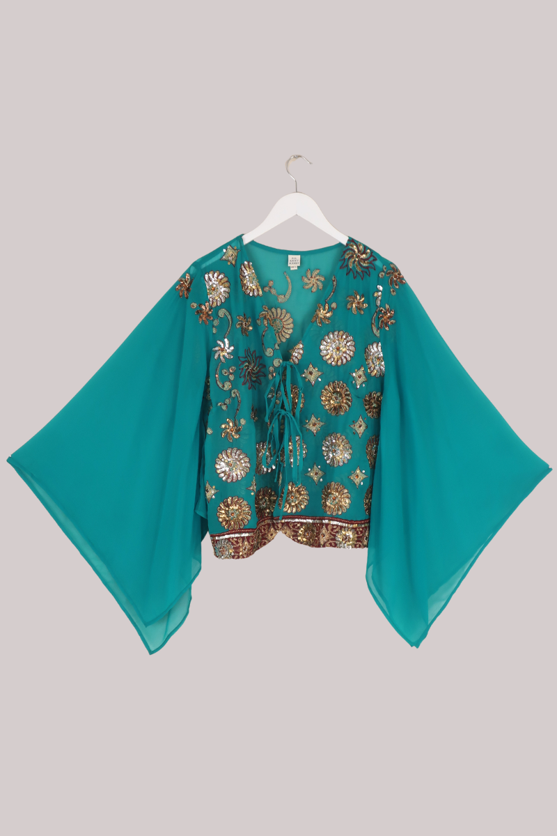 Cassidy Vintage Sheer Beaded Sari Blouse in Opulent Opalite Blue