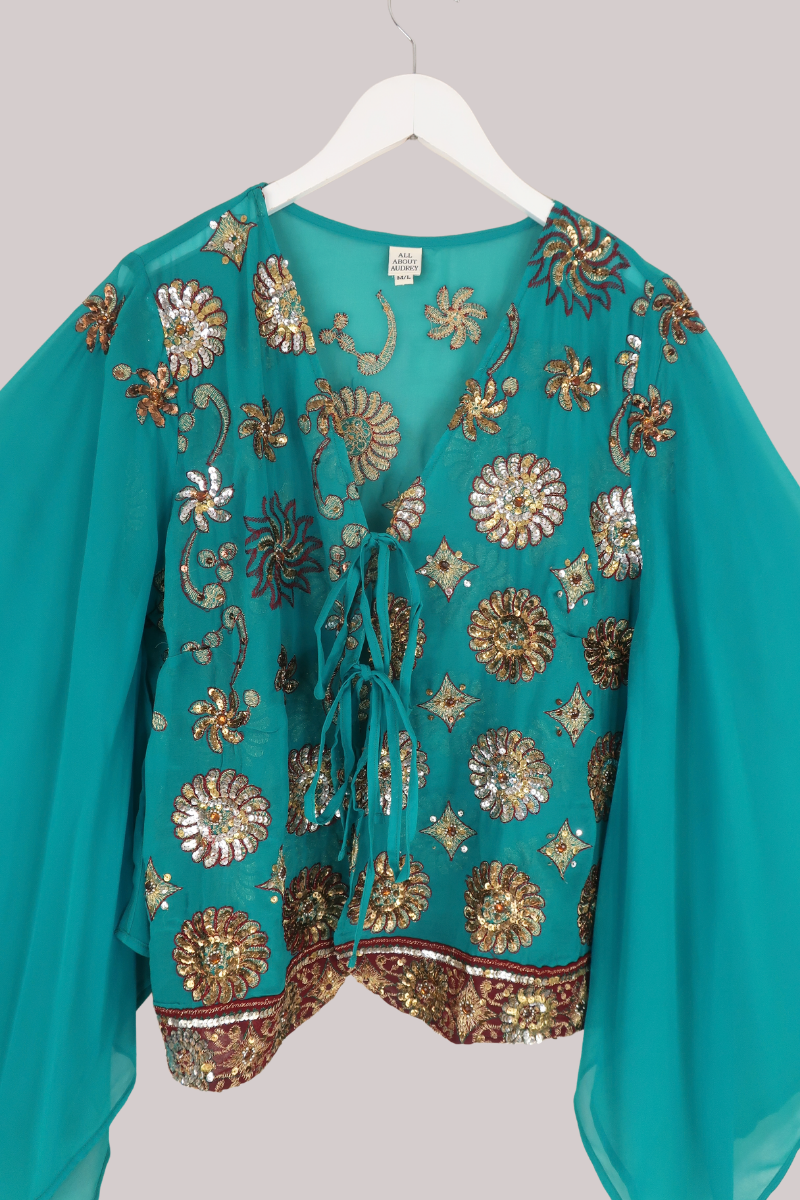 Cassidy Vintage Sheer Beaded Sari Blouse in Opulent Opalite Blue