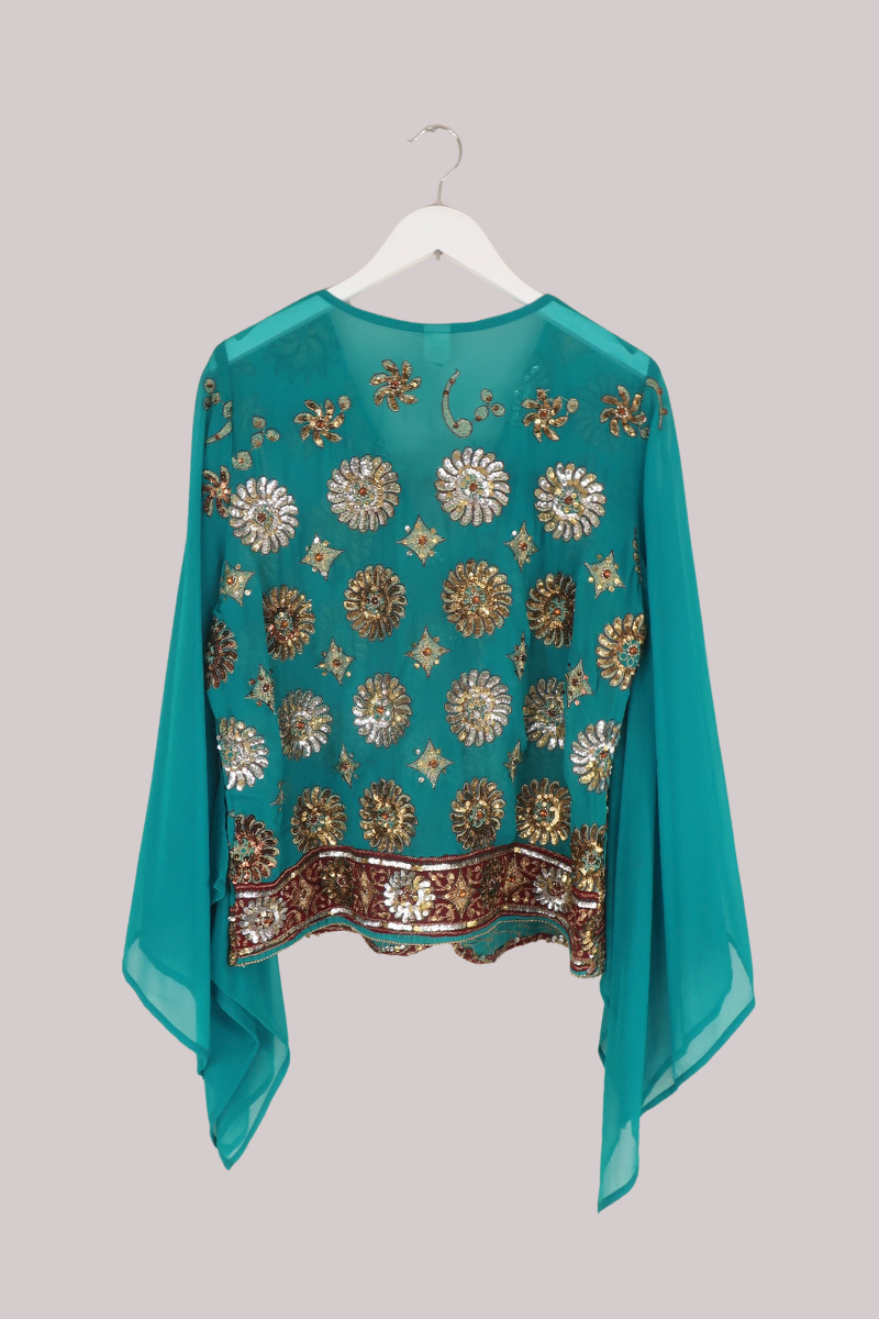 Cassidy Vintage Sheer Beaded Sari Blouse in Opulent Opalite Blue