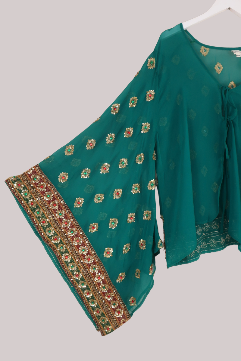 Cassidy Vintage Sheer Beaded Sari Blouse in Opulent Teal