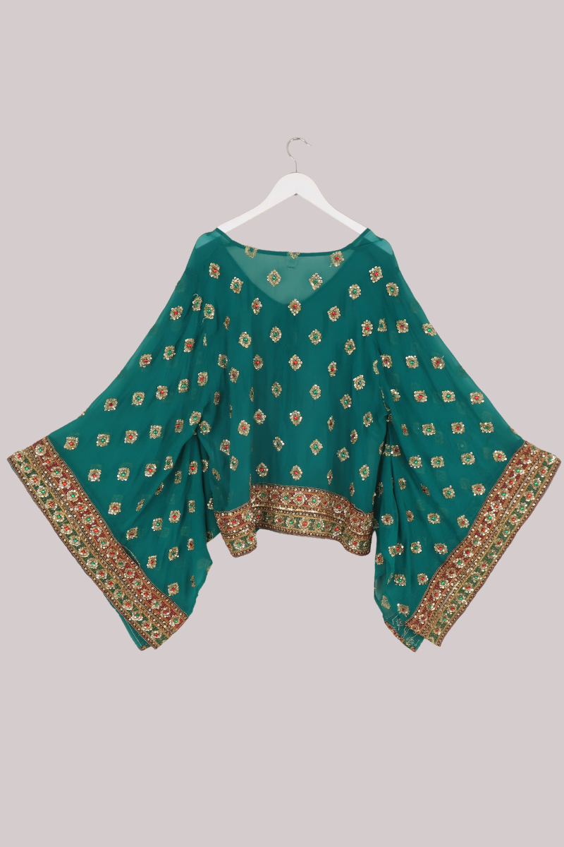 Cassidy Vintage Sheer Beaded Sari Blouse in Opulent Teal