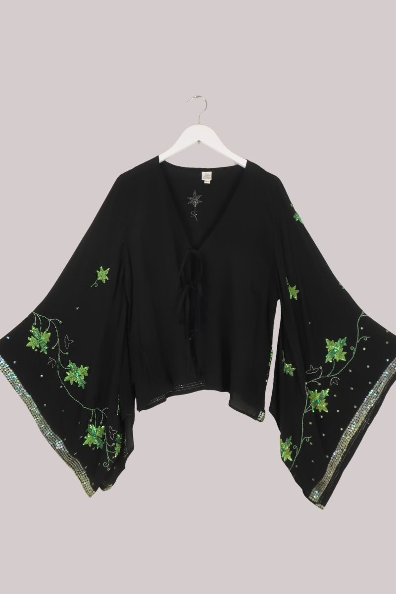 Cassidy Vintage Sheer Beaded Sari Blouse in Poison Ivy
