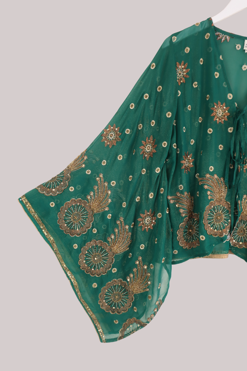 Cassidy Vintage Sheer Beaded Sari Blouse in Shimmering Jade Green