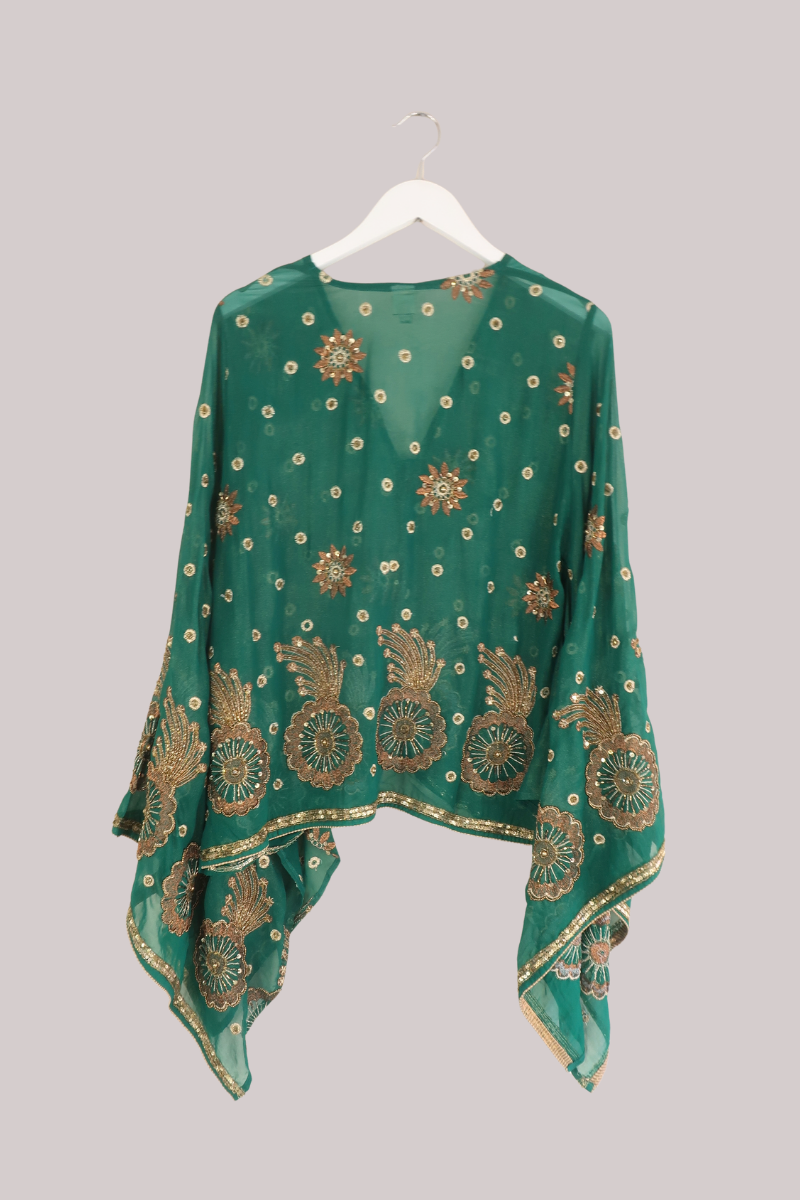 Cassidy Vintage Sheer Beaded Sari Blouse in Shimmering Jade Green