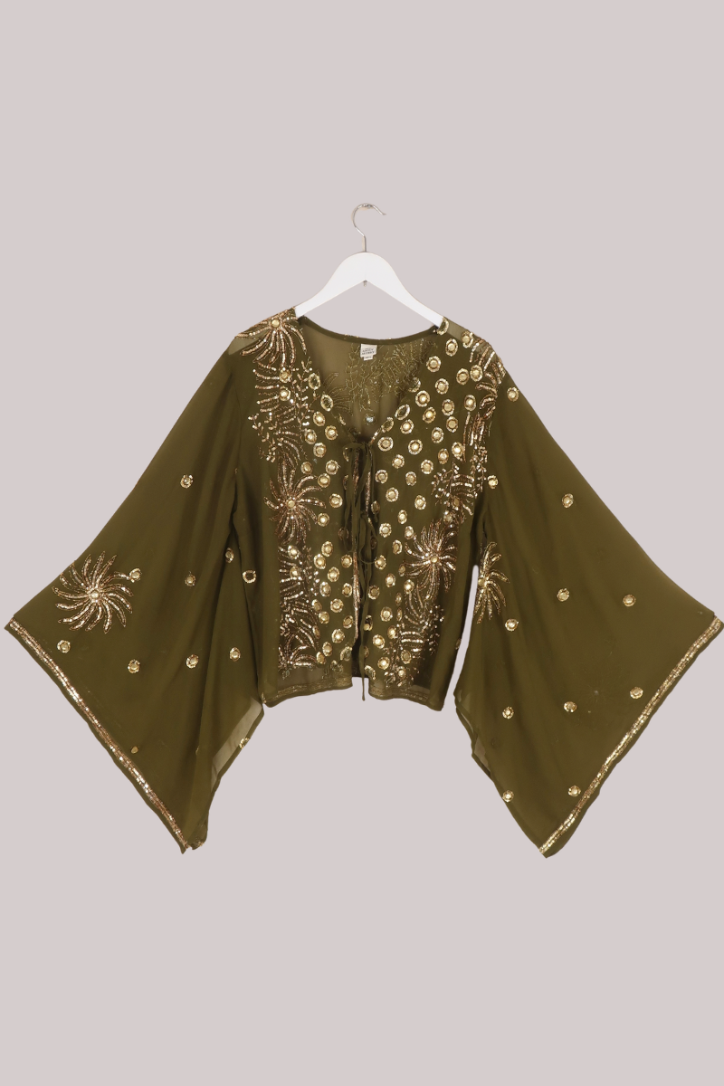 Cassidy Vintage Sheer Beaded Sari Blouse in Swamp Witch