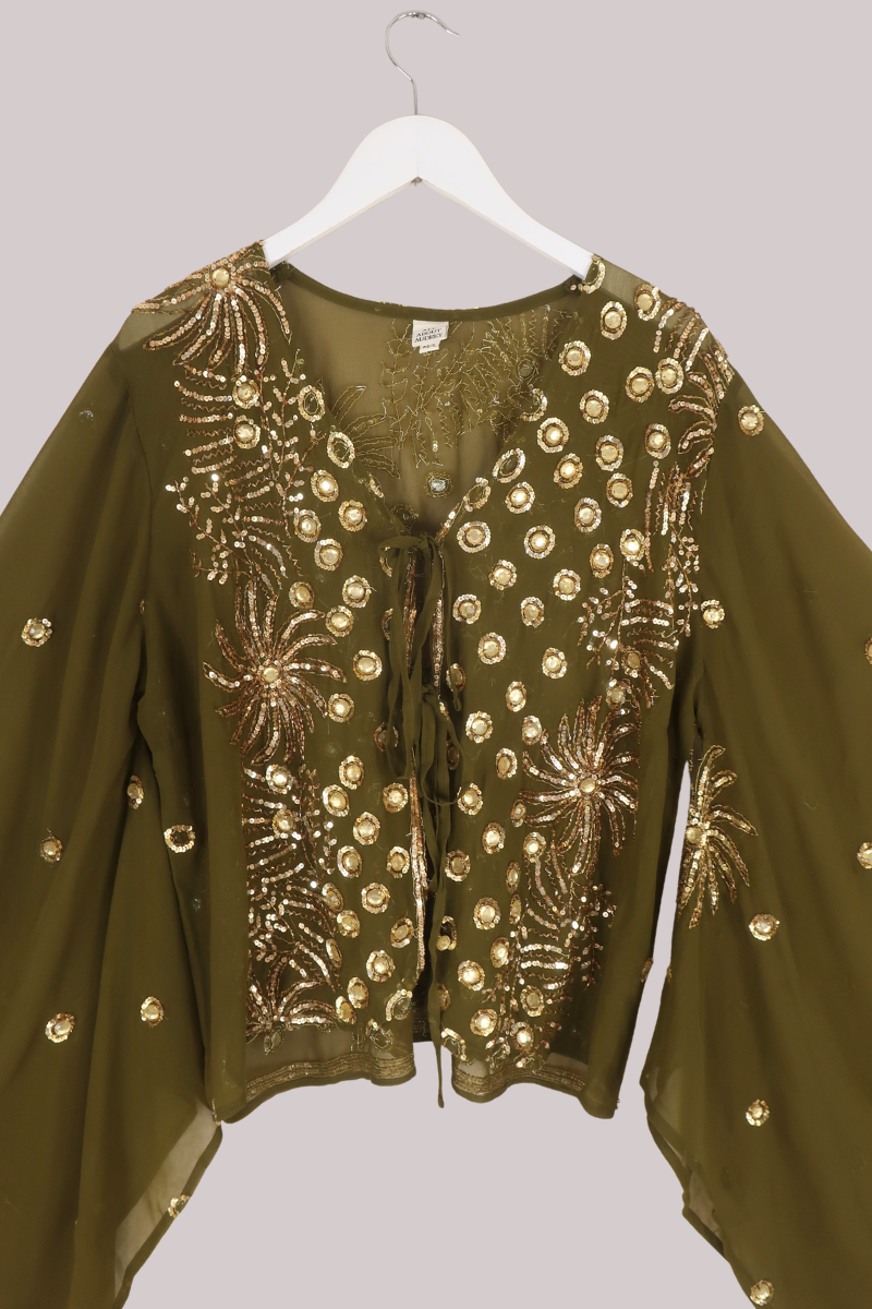Cassidy Vintage Sheer Beaded Sari Blouse in Swamp Witch
