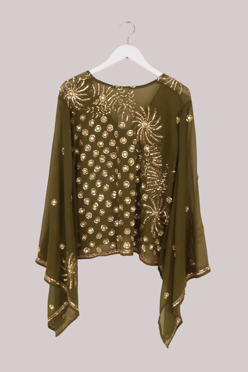 Cassidy Vintage Sheer Beaded Sari Blouse in Swamp Witch