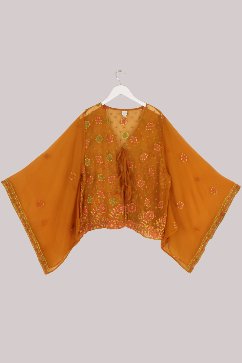 Cassidy Vintage Sheer Beaded Sari Blouse in Turmeric Florals