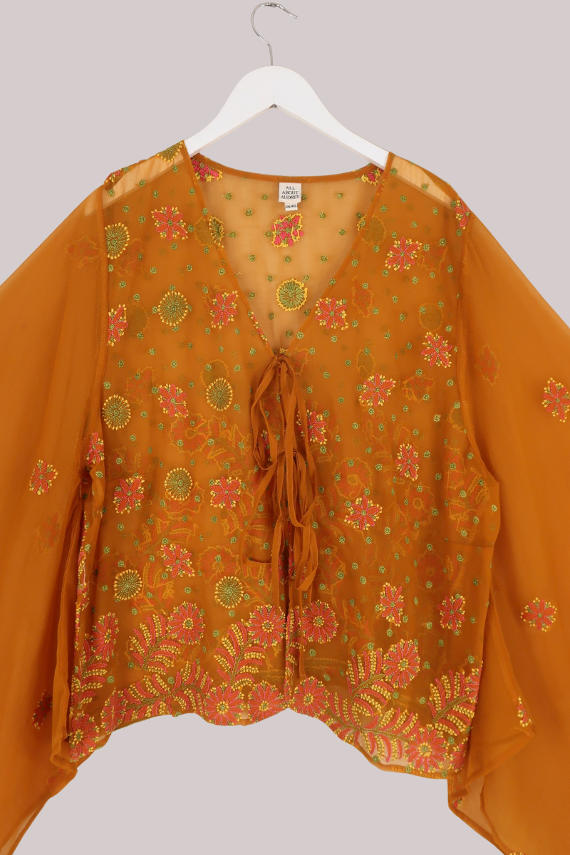 Cassidy Vintage Sheer Beaded Sari Blouse in Turmeric Florals