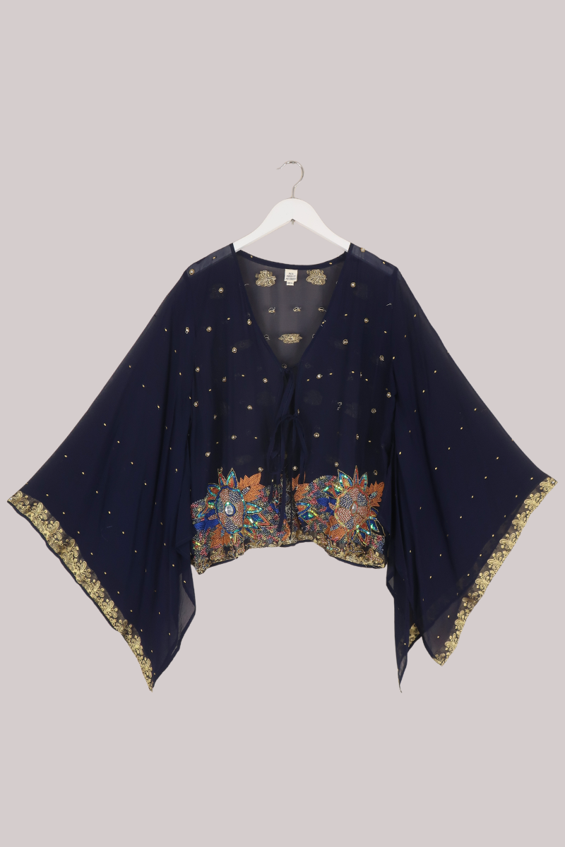 Cassidy Vintage Sheer Beaded Sari Blouse in Twilight Blue Sky