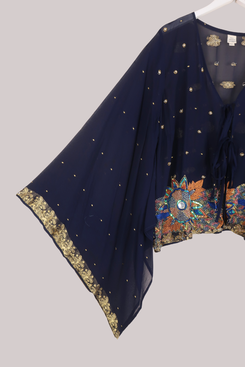 Cassidy Vintage Sheer Beaded Sari Blouse in Twilight Blue Sky