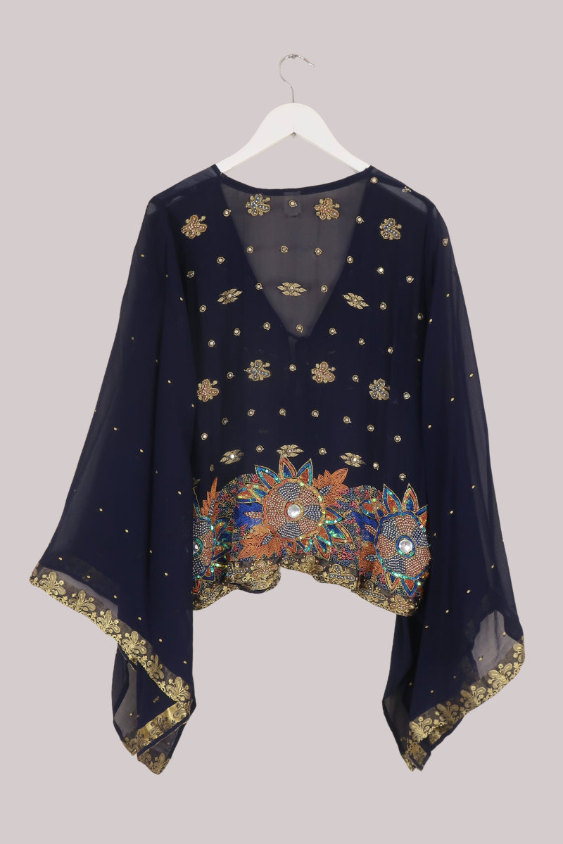 Cassidy Vintage Sheer Beaded Sari Blouse in Twilight Blue Sky
