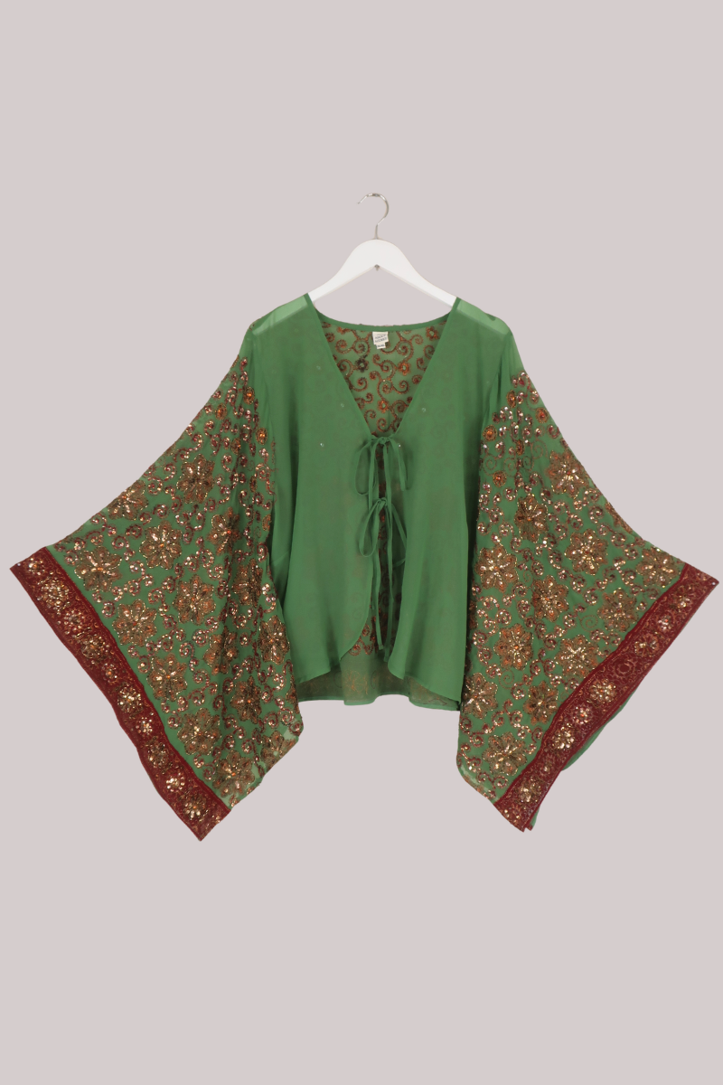Cassidy Vintage Sheer Beaded Sari Blouse in Vineyard Olive & Merlot