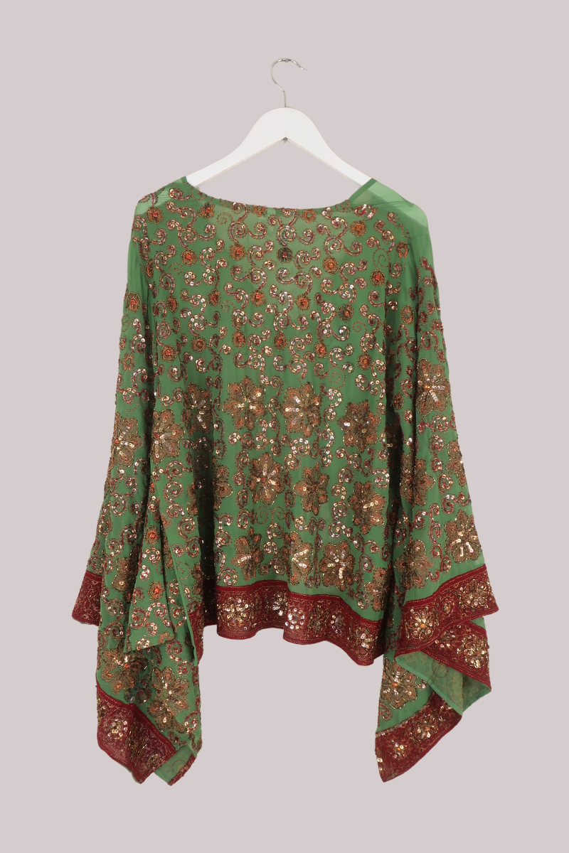 Cassidy Vintage Sheer Beaded Sari Blouse in Vineyard Olive & Merlot
