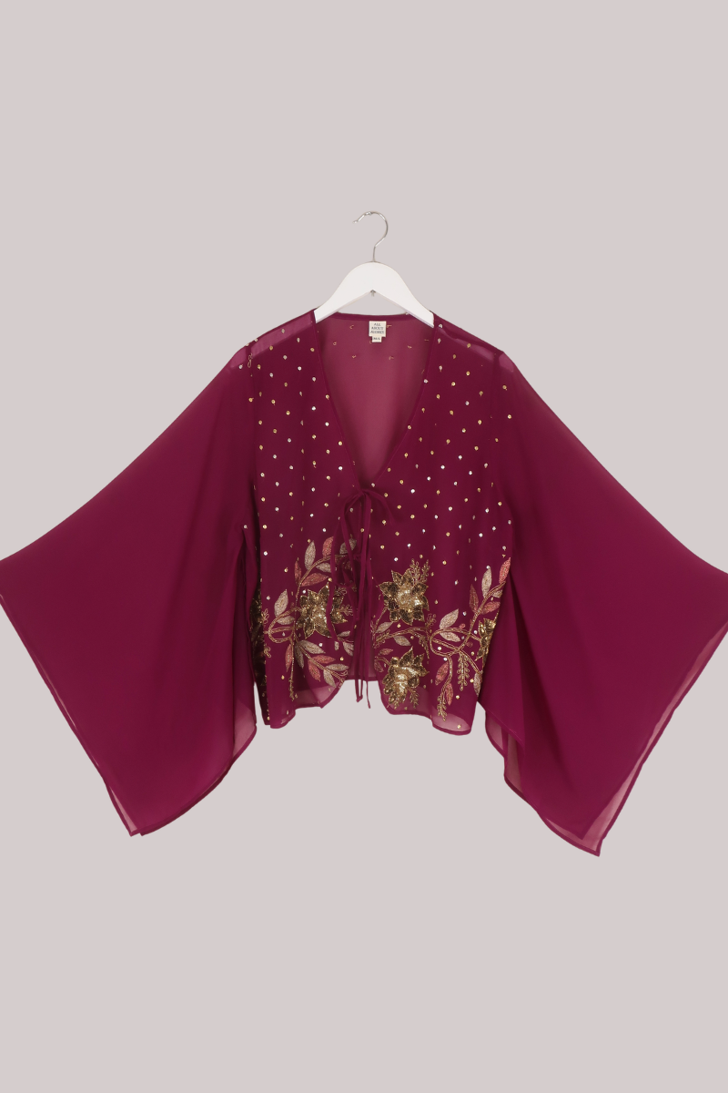 Cassidy Vintage Sheer Beaded Sari Blouse in Vivid Mulberry
