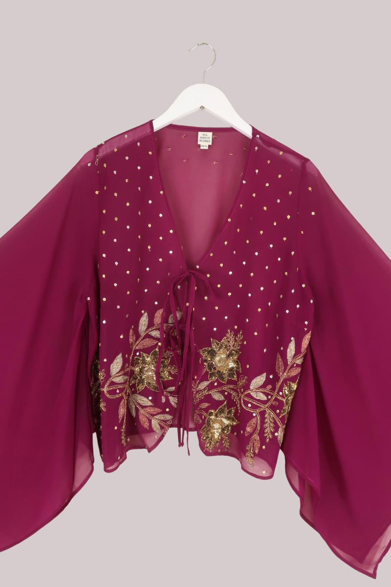 Cassidy Vintage Sheer Beaded Sari Blouse in Vivid Mulberry