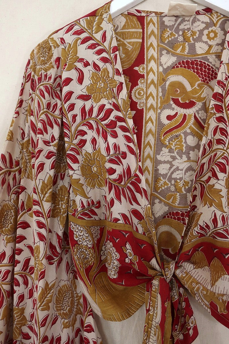 Venus Vintage Cotton Wrap Top - Gemstone & Gold Block Print - Size XS by All About Audrey