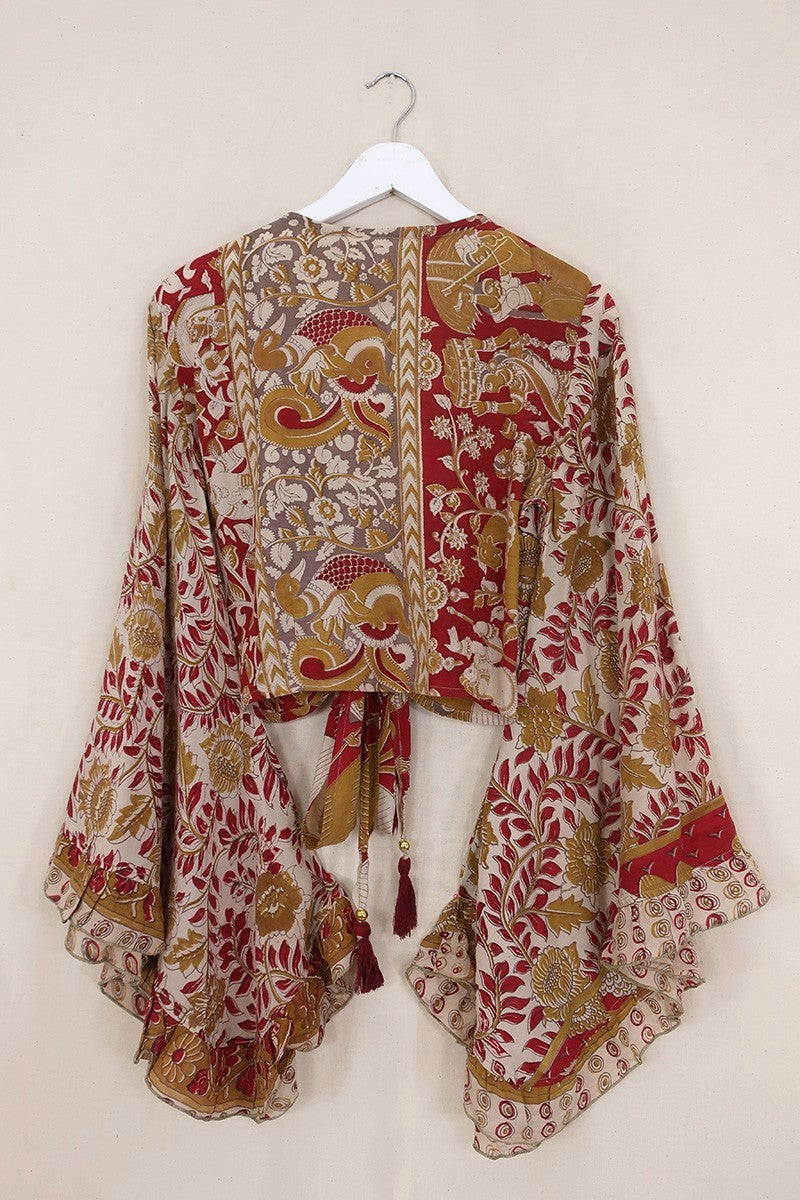 Venus Vintage Cotton Wrap Top - Gemstone & Gold Block Print - Size XS by All About Audrey