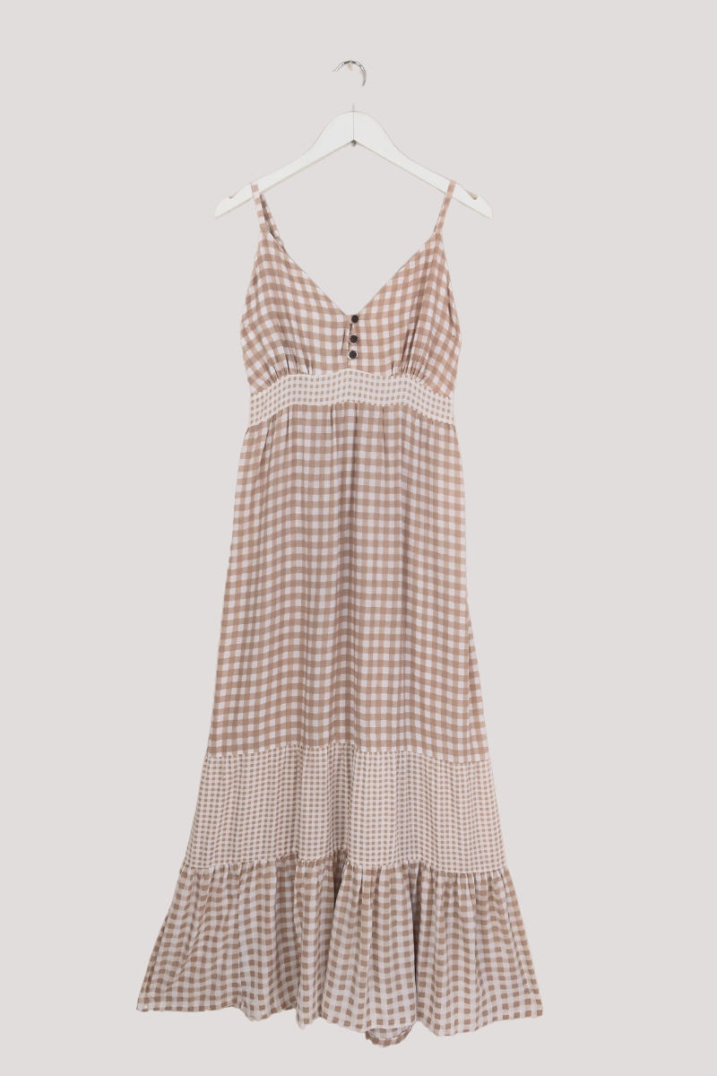 Jessie Maxi Dress in Biscuit Brown Gingham | All About Audrey  All About  Audrey Vintage Boutique