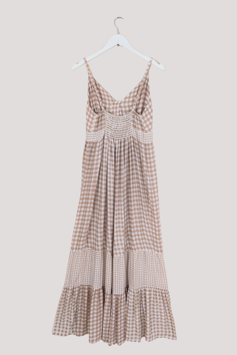 Jessie Maxi Dress in Biscuit Brown Gingham by All About Audrey