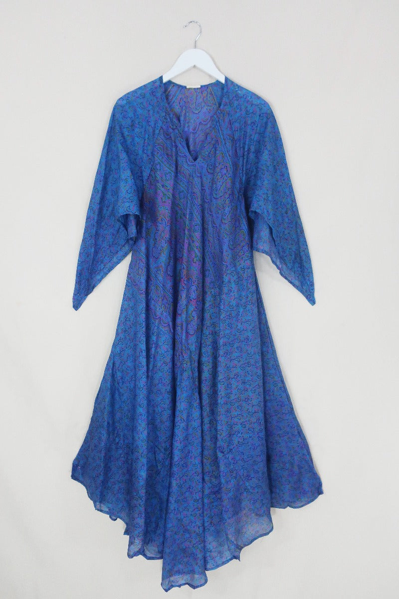 Goddess Dress - Blue & Multicolour Paisley - Vintage Pure Silk - Free Size by All About Audrey