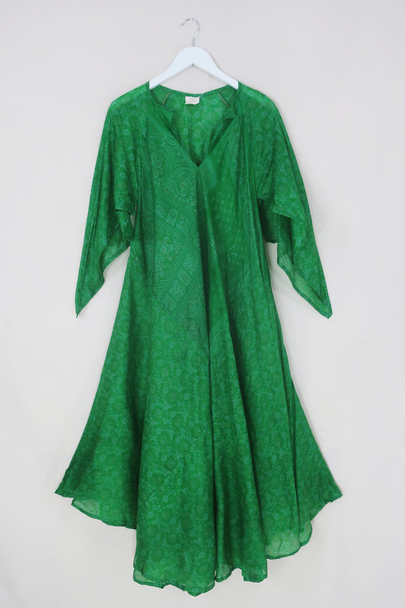 Goddess Dress - Emerald Indian Floral - Vintage Indian Sari Silk Mix - Free Size by All About Audrey