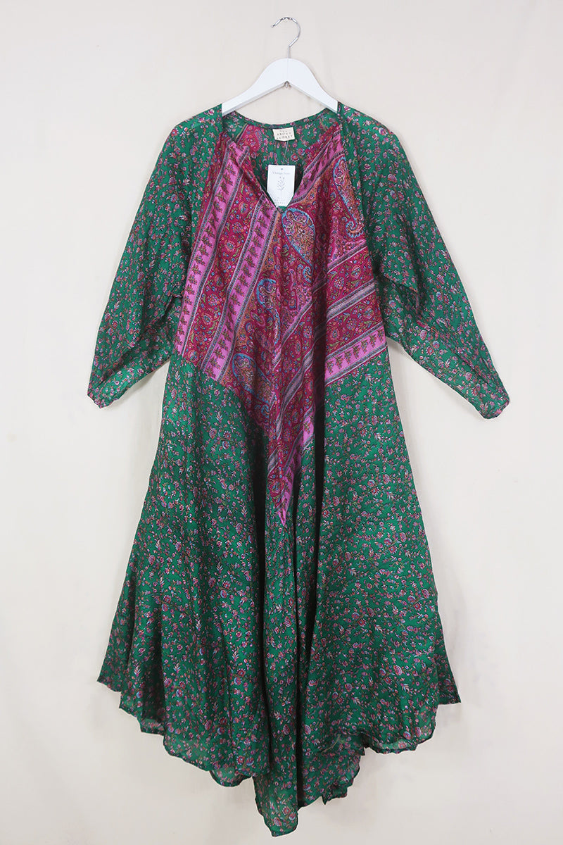 Goddess Dress - Deep Jade & Berry Thistles - Vintage Silk - Free Size by All About Audrey