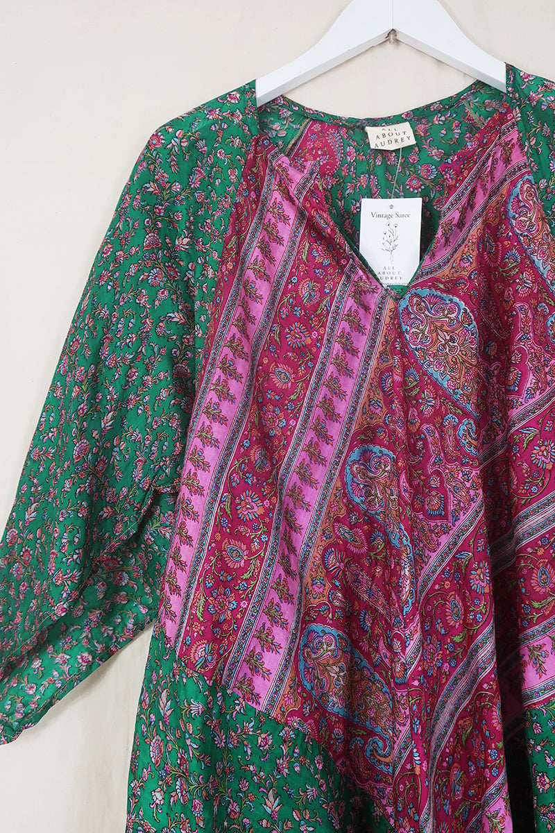 Goddess Dress - Deep Jade & Berry Thistles - Vintage Silk - Free Size by All About Audrey