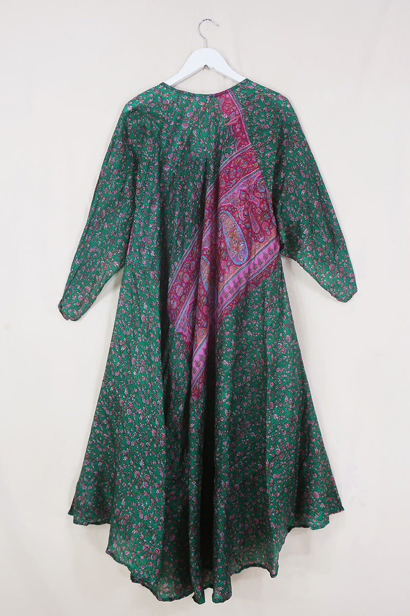 Goddess Dress - Deep Jade & Berry Thistles - Vintage Silk - Free Size by All About Audrey