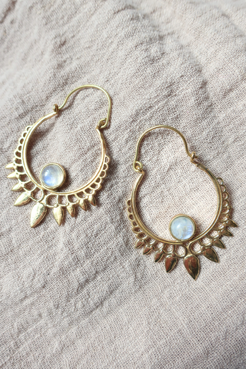 Golden Sundrop Hoop Earrings with White Moonstone