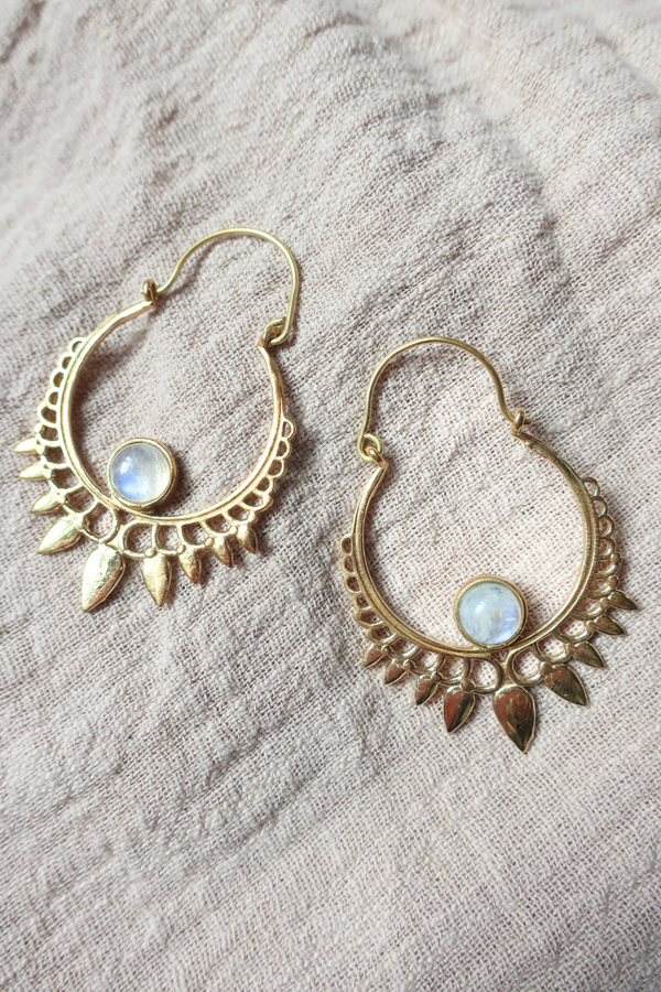 Golden Sundrop Hoop Earrings with White Moonstone