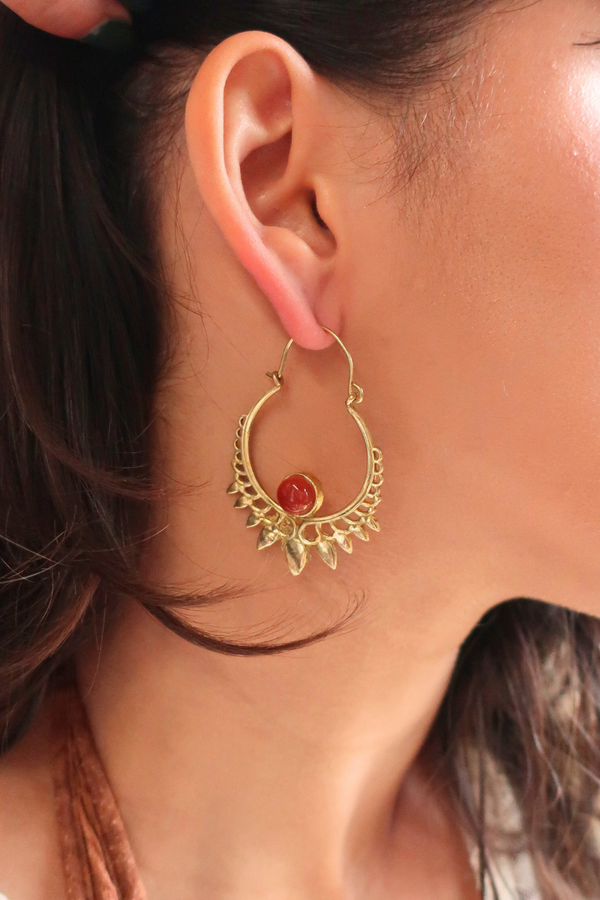 Golden Sundrop Hoop Earrings with Red Carmine