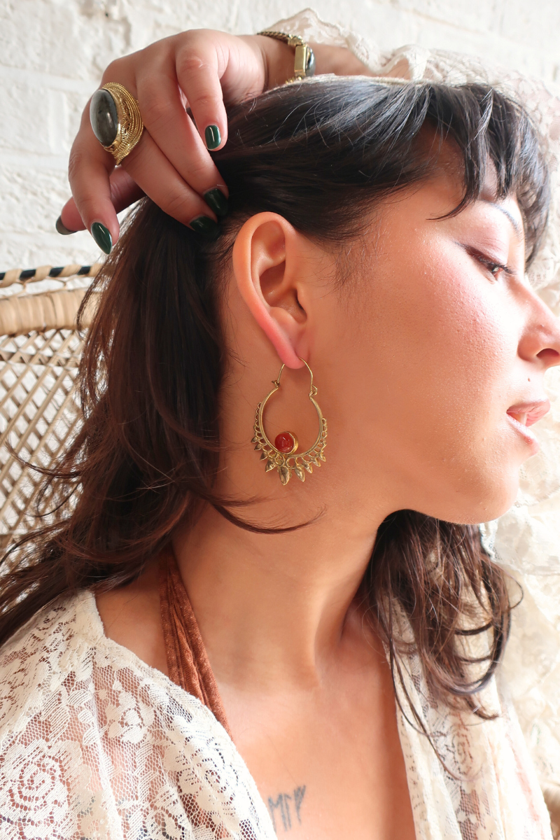 Golden Sundrop Hoop Earrings with Red Carmine