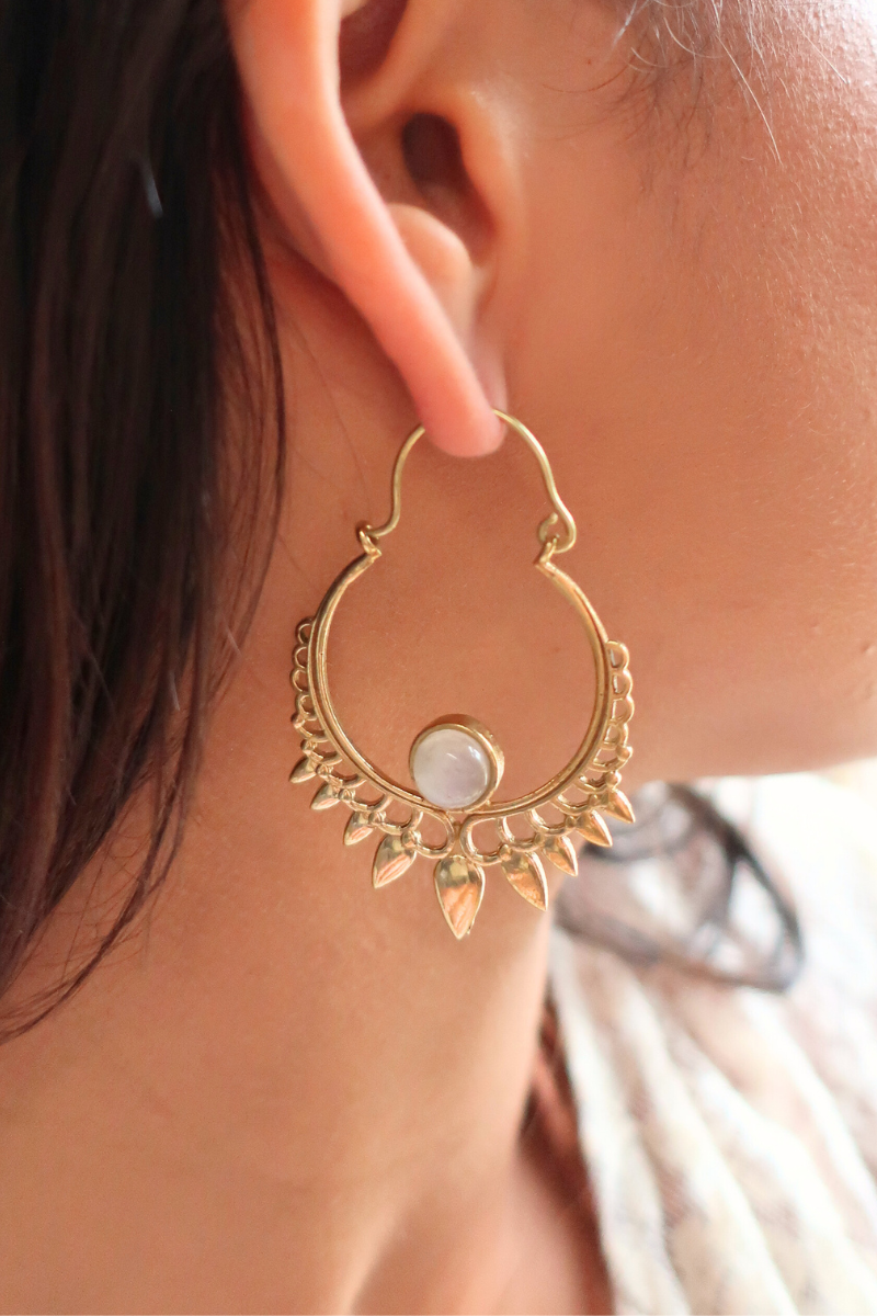 Golden Sundrop Hoop Earrings with White Moonstone