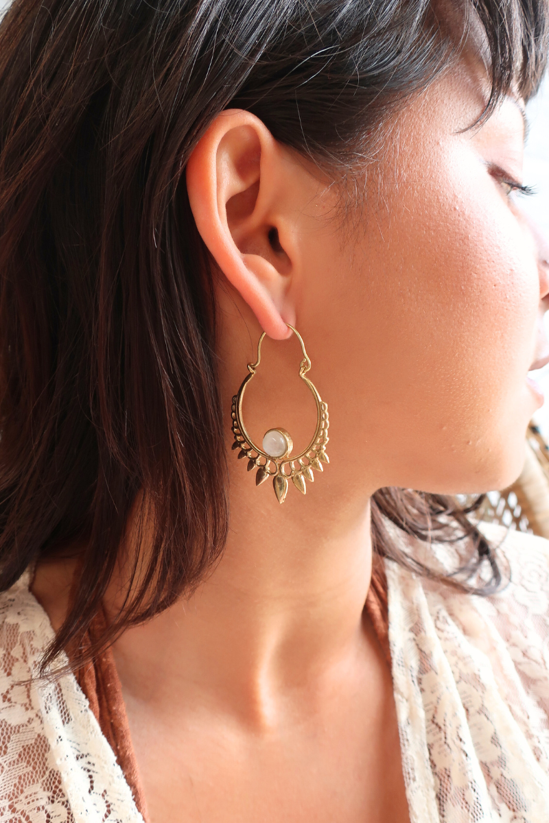 Golden Sundrop Hoop Earrings with White Moonstone