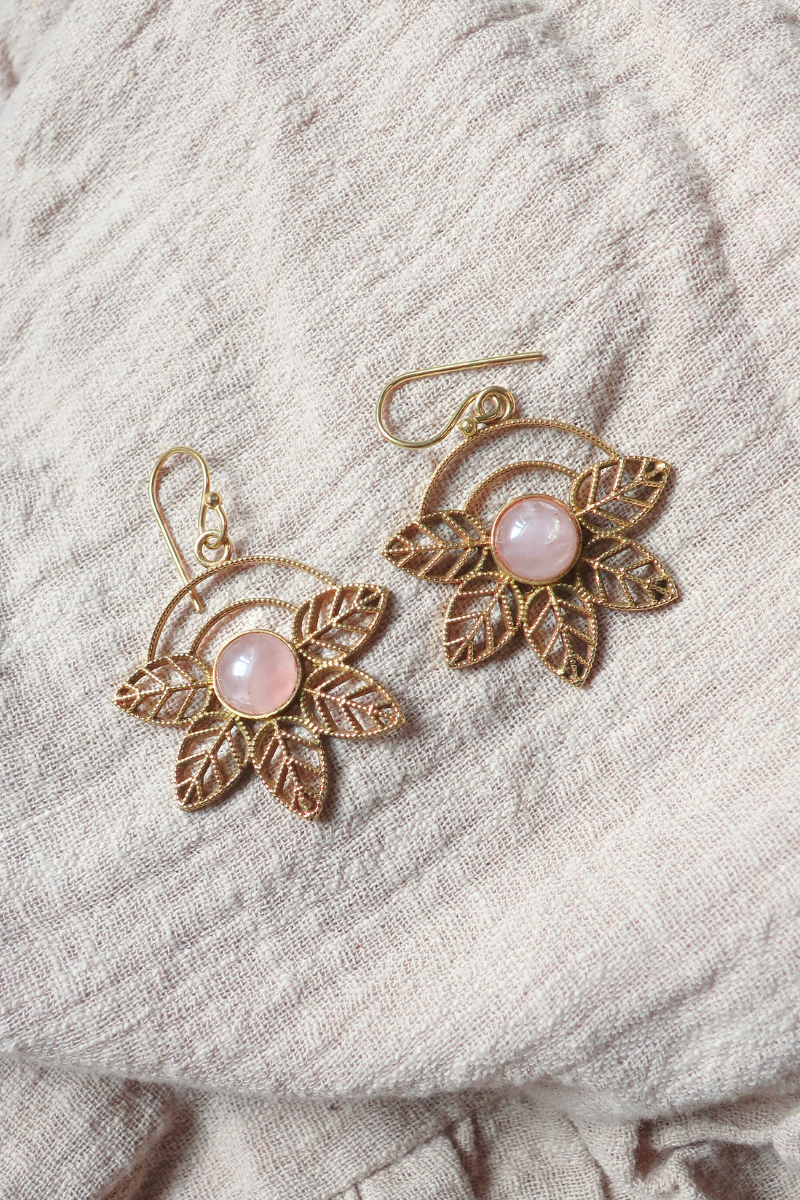 Ivy Drop Earrings in Gold with Rose Quartz