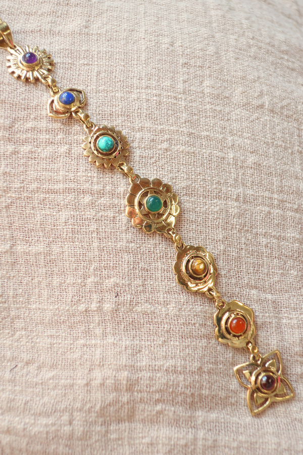 Precious Stones Chakra Flower Drop Pendant Necklace in Gold