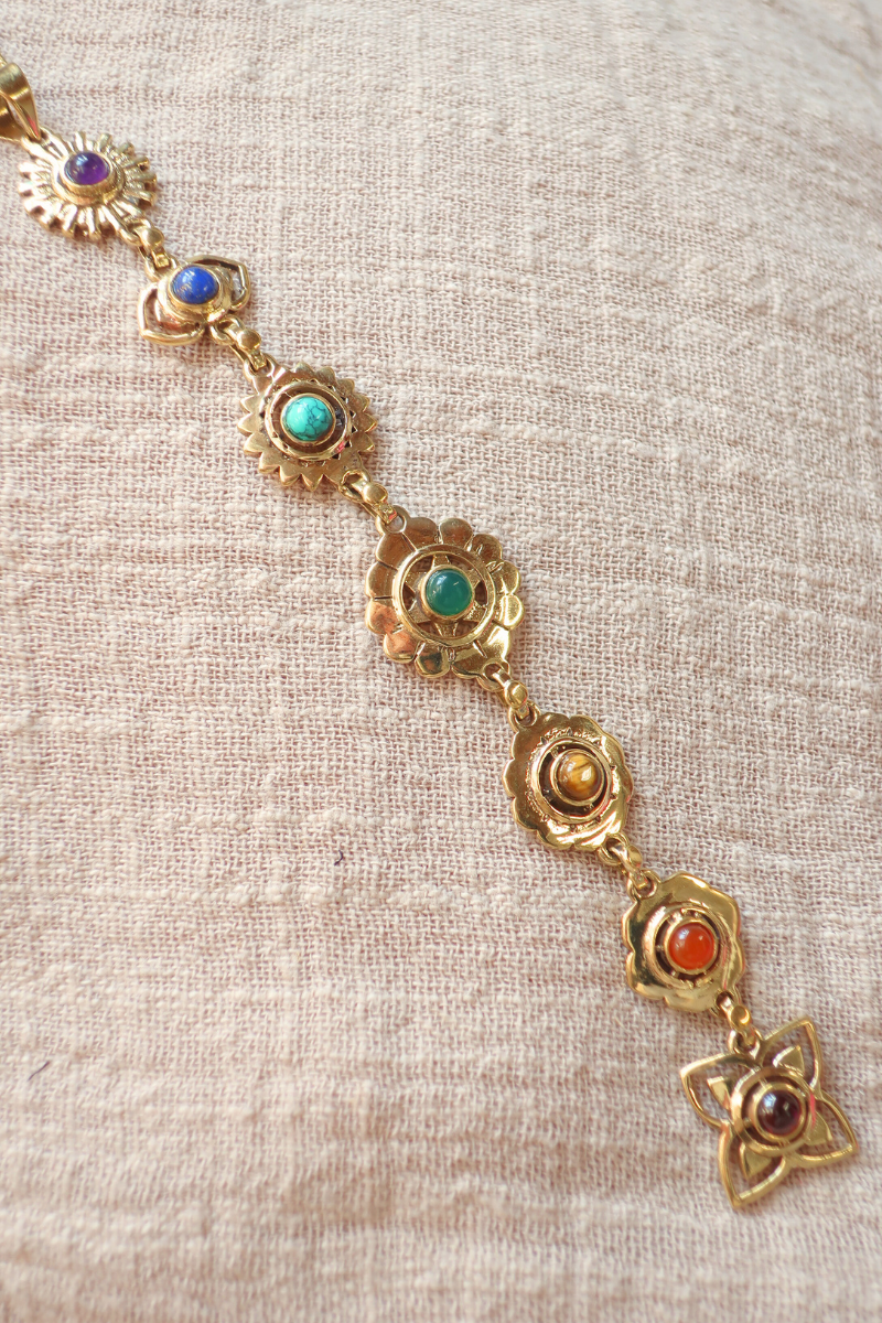 Precious Stones Chakra Flower Drop Pendant Necklace in Gold