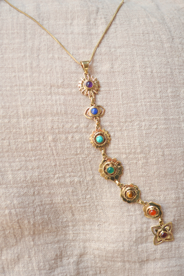Precious Stones Chakra Flower Drop Pendant Necklace in Gold