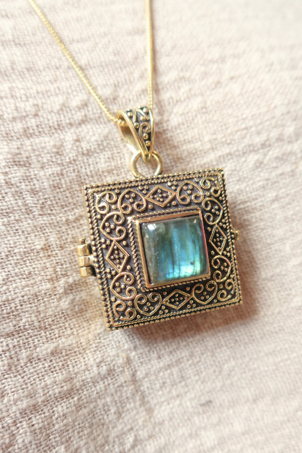 Ornate Locket Necklace in Gold with Marbled Tourmaline