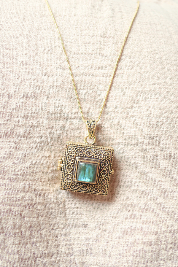 Ornate Locket Necklace in Gold with Marbled Tourmaline