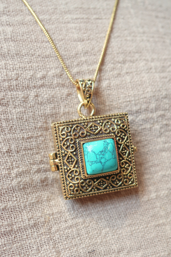 Ornate Locket Necklace in Gold with Reconstituted Turquoise