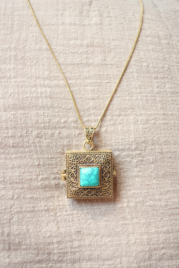 Ornate Locket Necklace in Gold with Reconstituted Turquoise